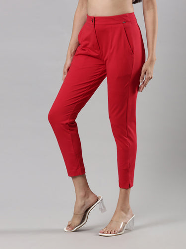 Women's Smart Pants, Cotton Fabric with Zip Button Closure and Pockets Chilli Red Hover