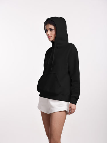 Femmora Premium 100% Cotton Fleece Long Sleeve Oversized Hoodie for Women | Loose Fit Knitted Pullover with Kangaroo Pocket | Dropped Shoulder – Black (Pack of 1) Hover