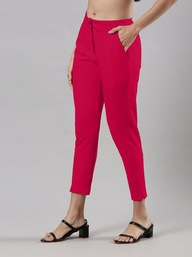 Women's Smart Pants, Cotton Fabric with Zip Button Closure and Pockets Fuschia Hover