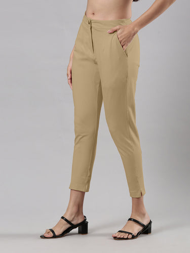 Women's Smart Pants, Cotton Fabric with Zip Button Closure and Pockets Beige Hover