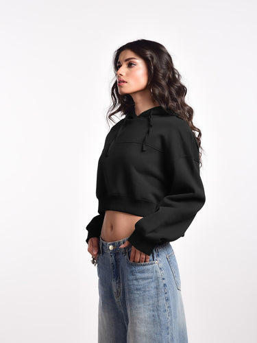 Femmora 100% Cotton Fleece Long Sleeve Solid Crop  Length Hoodie Sweatshirt for Women | Casual Loose Fit Knitted Pullover | Dropped Shoulder – Winter Wear – Black ( Pack of 1) Hover