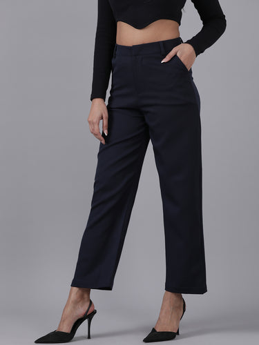 Femmora Women’s High-Rise Straight Fit Trousers with 2 Side Pockets | Stretch Formal Bottoms in Polyester Blend | Lightweight Workwear Pants |Navy|Pack of 1 Hover