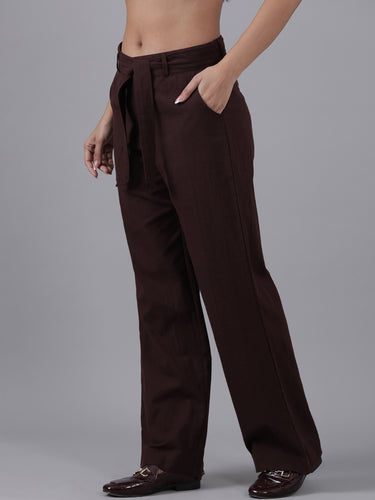 Femmora Women’s High-Waist Cotton Linen Straight Fit Trousers with Elastic Waistband & Button Closure | Formal Office Wear Pants with 2 Slant Pockets | Breathable Workwear Bottoms |Chocolate| Pack of 1 Hover