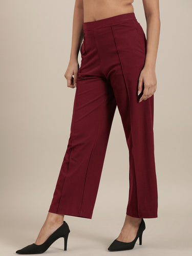 Femmora Women’s High-Rise Relaxed Fit knitted Pants with Pintuck Detail | Full-Length Cotton  Straight Trousers | Solid Stretchable Office & Casual Bottoms | Soft Breathable Fabric | Red |Pack of 1 Hover