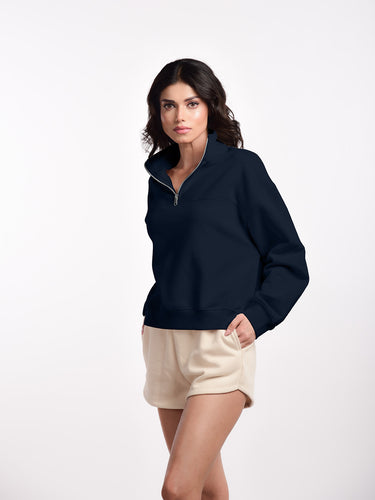 Femmora Premium 100% Cotton Fleece Long Sleeve Solid Henley Sweatshirt for Women | Knitted Pullover | Loose Fit | Front Zip | Dropped Shoulder – Casual Winter Wear- Navy ( Pack of 1 ) Hover