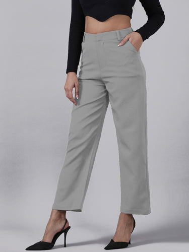 Femmora Women’s High-Rise Straight Fit Trousers with 2 Side Pockets | Stretch Formal Bottoms in Polyester Blend | Lightweight Workwear Pants |Light Grey|Pack of 1 Hover