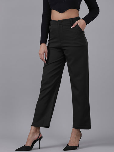 Femmora Women’s High-Rise Straight Fit Trousers with 2 Side Pockets | Stretch Formal Bottoms in Polyester Blend | Lightweight Workwear Pants | Black |Pack of 1 Hover