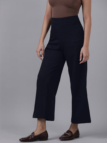 Femmora Women’s High-Rise Flare Trousers with Invisible Belt & Side Zipper | Stretch Formal Bottoms in Polyester Blend | Lightweight Workwear Pants |Navy |Pack of 1 Hover