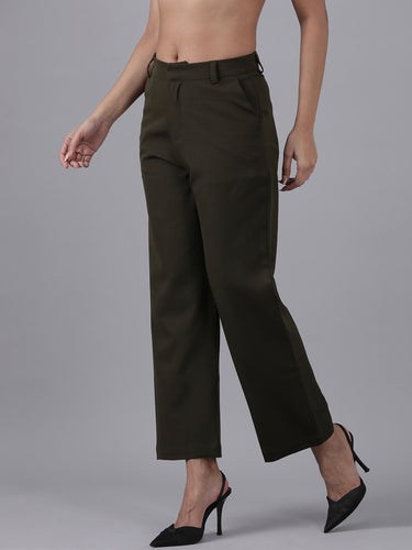 Femmora Women’s High-Rise Straight Fit Trousers with 2 Side Pockets | Stretch Formal Bottoms in Polyester Blend | Lightweight Workwear Pants |Olive|Pack of 1 Hover