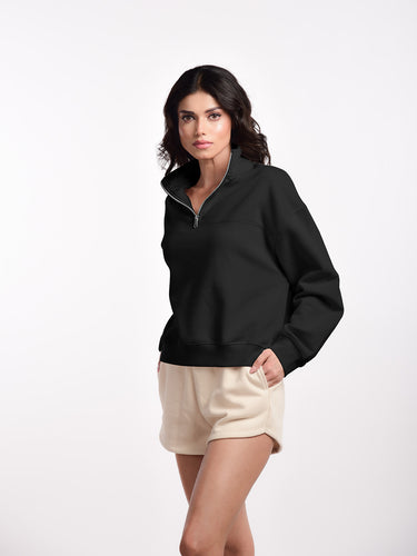 Femmora Premium 100% Cotton Fleece Long Sleeve Solid Henley Sweatshirt for Women | Knitted Pullover | Loose Fit | Front Zip | Dropped Shoulder – Casual Winter Wear- Black ( Pack of 1 ) Hover