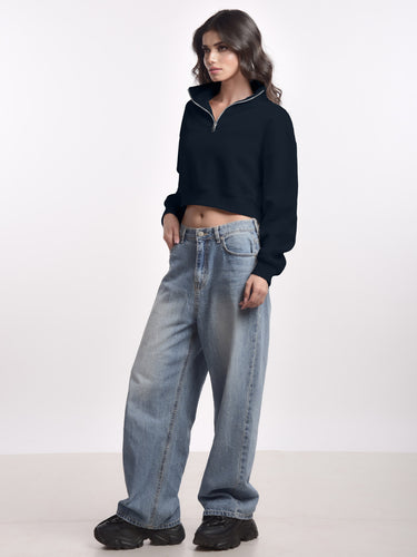 Femmora Premium 100% Cotton Fleece Long Sleeve Solid Henley Crop LengthSweatshirt for Women | Knitted Pullover | Loose Fit | Front Zip | Dropped Shoulder – Casual Winter Wear – Navy (Pack of 1) Hover