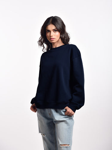 Femmora Premium 100% Cotton Fleece Loose Fit Long Sleeve Solid Sweatshirt for Women |Knitted Fabric | Dropped Shoulder, Casual Pullover | Cozy Winter Wear – Navy (Pack of 1) Hover