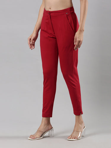 Women's Smart Pants, Cotton Fabric with Zip Button Closure and Pockets Maroon Hover