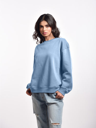 Femmora Premium 100% Cotton Fleece Loose Fit Long Sleeve Solid Sweatshirt for Women |Knitted Fabric | Dropped Shoulder, Casual Pullover | Cozy Winter Wear – Pastel Blue(Pack of 1) Hover