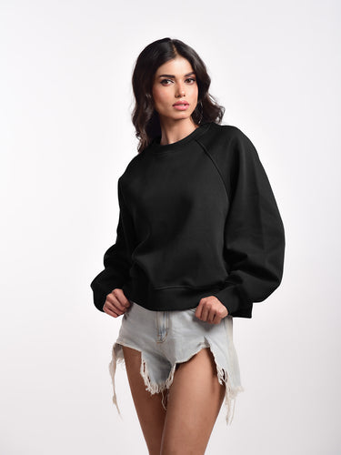 Femmora Premium 100% Cotton Loose Fit Raglan Sleeve Causal Pullover for Women | Knitted Fabric | Solid Sweatshirt | Cozy Winter Wear – Black (Pack of 1) Hover