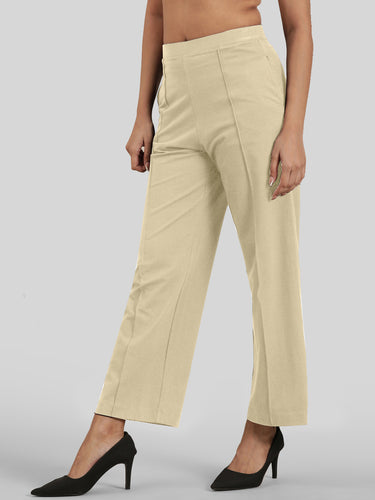 Femmora Women’s High-Rise Relaxed Fit knitted Pants with Pintuck Detail|Full-Length Cotton  Straight Trousers|Solid Stretchable Office & Casual Bottoms|Soft Breathable Fabric|Off.White|Pack of 1 Hover