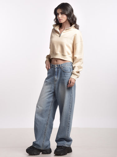 Femmora Premium 100% Cotton Fleece Long Sleeve Solid Henley Crop Length Sweatshirt for Women | Knitted Pullover | Loose Fit | Front Zip | Dropped Shoulder – Casual Winter Wear – Beige (Pack of 1) Hover