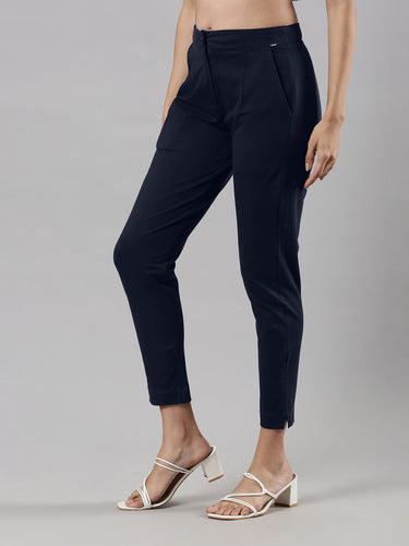 Women's Smart Pants, Cotton Fabric with Zip Button Closure and Pockets Navy Hover