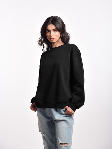 Femmora Premium 100% Cotton Fleece Loose Fit Long Sleeve Solid Sweatshirt for Women |Knitted Fabric | Dropped Shoulder, Casual Pullover | Cozy Winter Wear – Black (Pack of 1) Hover