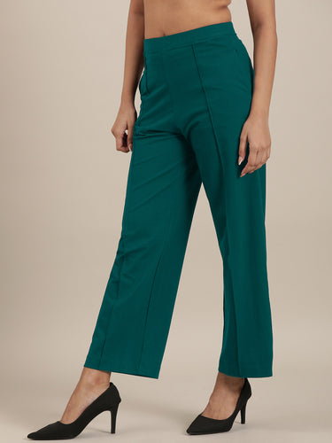 Femmora Women’s High-Rise Relaxed Fit knitted Pants with Pintuck Detail | Full-Length Cotton  Straight Trousers | Solid Stretchable Office & Casual Bottoms | Soft Breathable Fabric | Teal |Pack of 1 Hover