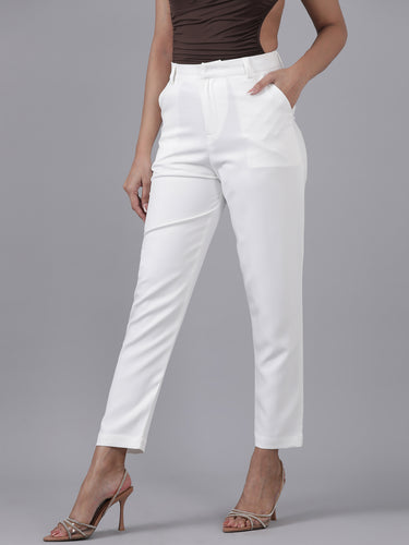 Femmora Women’s High-Rise Narrow Fit Trousers with 2 Side Pockets | Slim Formal Work Pants for Office & Business Wear |Premium Polyester Fabric Bottoms | Off.White |Pack of 1 Hover