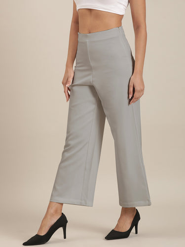 Femmora Women’s High-Rise Flare Trousers with Invisible Belt & Side Zipper | Stretch Formal Bottoms in Polyester Blend | Lightweight Workwear Pants |Light Grey |Pack of 1 Hover