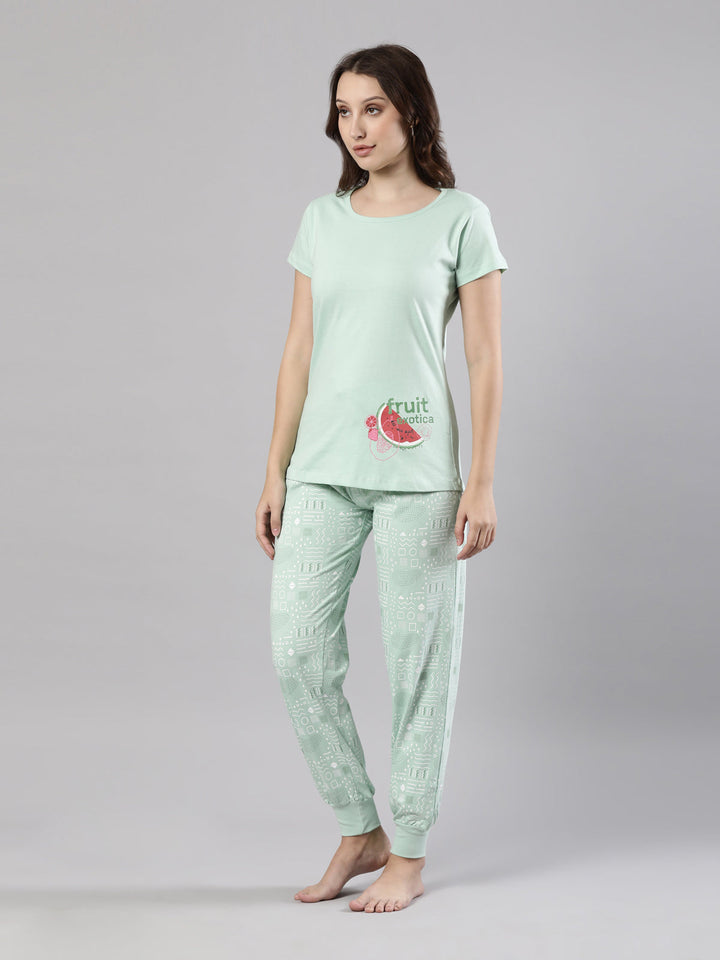 Women's Half Sleeve Top and Long Bottom Set | Soft Cotton, Drawstring Waistband, 1 Pocket, Abstract Print
