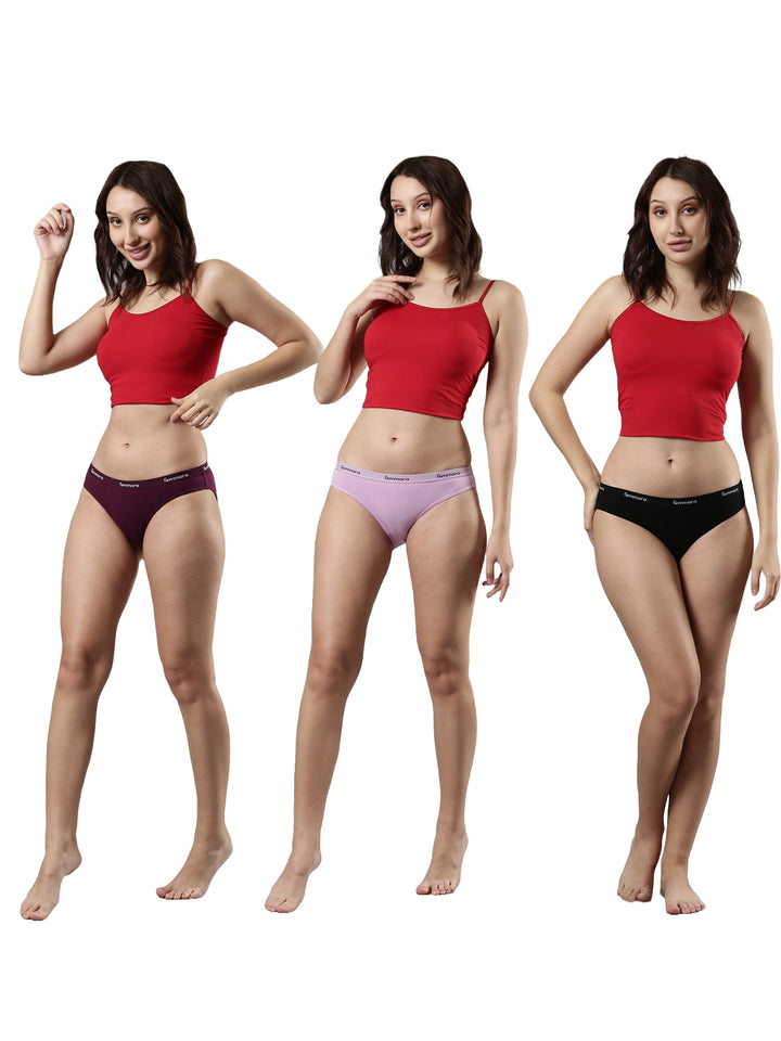 Women's Pant, Inner Elastic, Cotton, Body Hugging, Lush Plum/Black/Moonlite Mauve Pack of 3