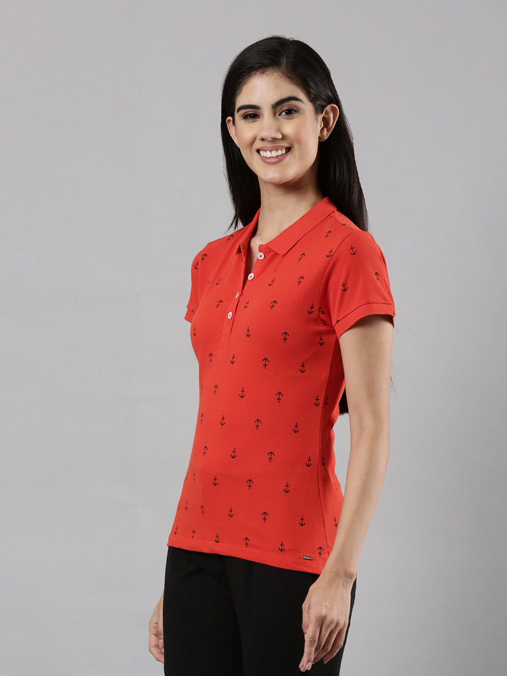 Abstract Print Polo Pique T-shirt, Cotton Fabric with Button Placket