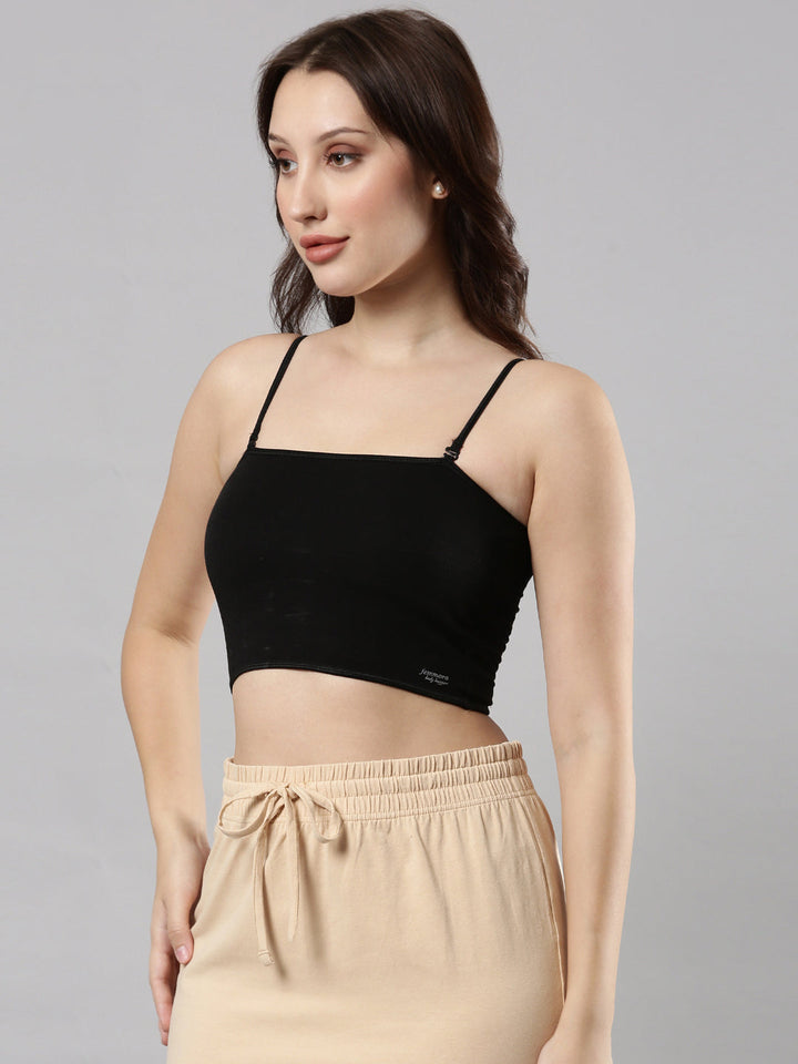 Women's Cotton Crop Top with Adjustable Straps and Detachable Pads Black and Beige Pack of 2