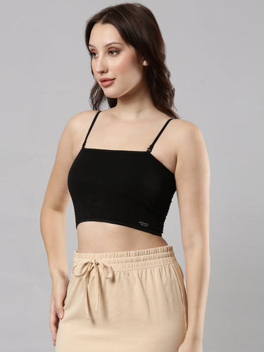 Women's Cotton Crop Top with Adjustable Straps and Detachable Pads Black and Beige Pack of 2 Hover