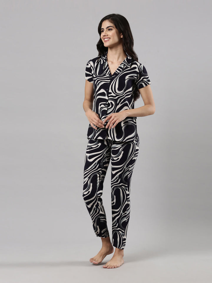 Women's Night Suit Set, Rayon, Abstract Print, Elastic Waistband
