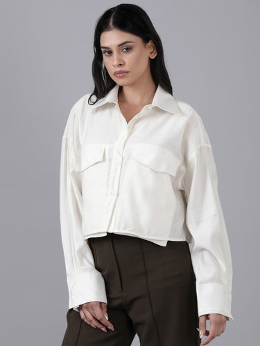 Femmora Women’s Solid Crop Shirt in Soft Viscose-Polyester Blend | Full Sleeve with 2 Flap Pocket Shirt with Turn-Down Collar | Stylish Casual & Office Wear | White |Pack of 1 Hover