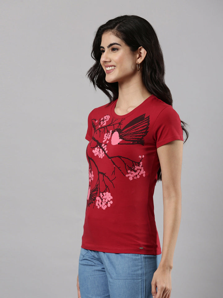 Floral Print Round Neck T-shirt, Cotton Fabric for Women