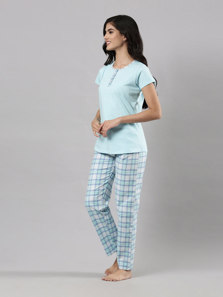 Women's Night Suit Set, Cotton, Solid Top, Striped Bottom, Drawstring Waist Sky