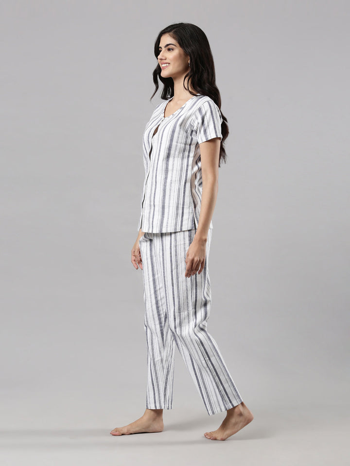 Night Suit Set, Striped Print with Cotton Fabric and Drawstring Waist