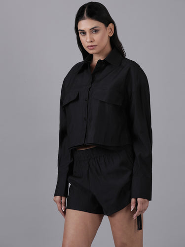 Femmora Women’s Solid Crop Shirt in Soft Viscose-Polyester Blend | Full Sleeve with 2 Flap Pocket Shirt with Turn-Down Collar | Stylish Casual & Office Wear | Black |Pack of 1 Hover