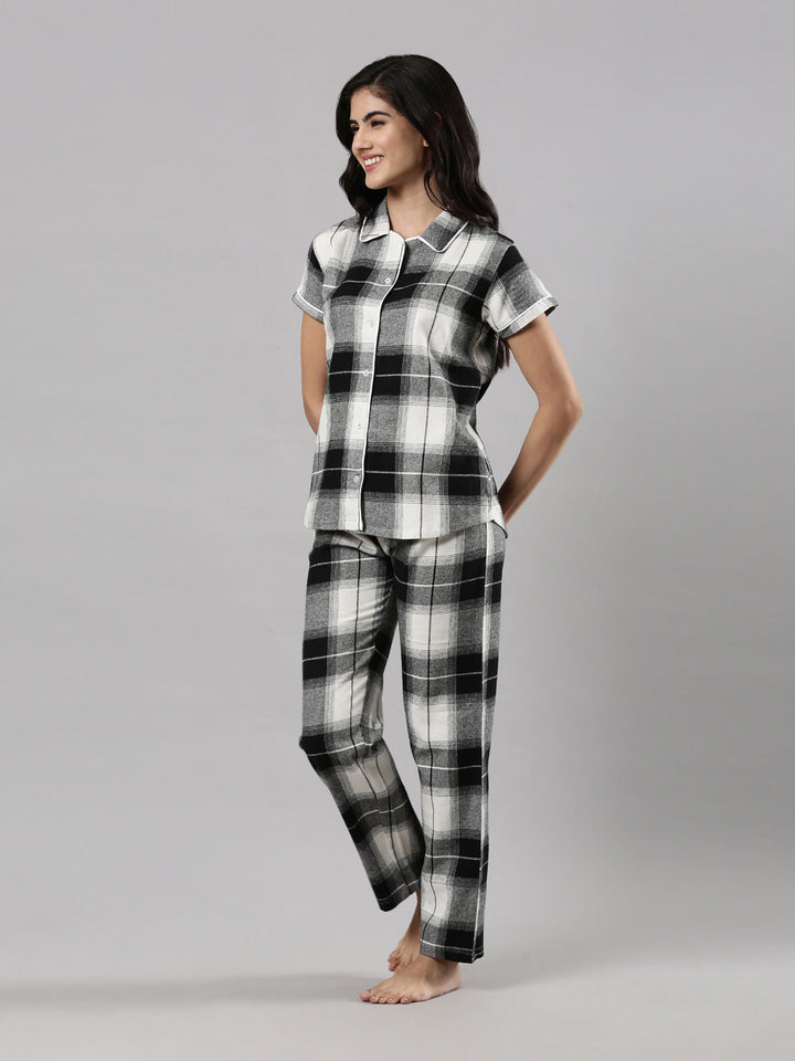 Night Suit Set, Checkered Print with Cotton Fabric and Drawstring Waist