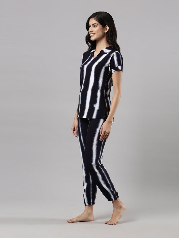 Women's Night Suit Set, Rayon, Striped Print, Drawstring Waist