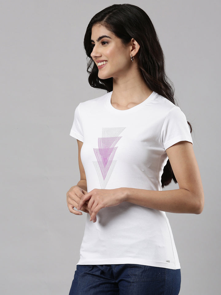Geometric Print Round Neck T-shirt, Cotton Fabric for Women