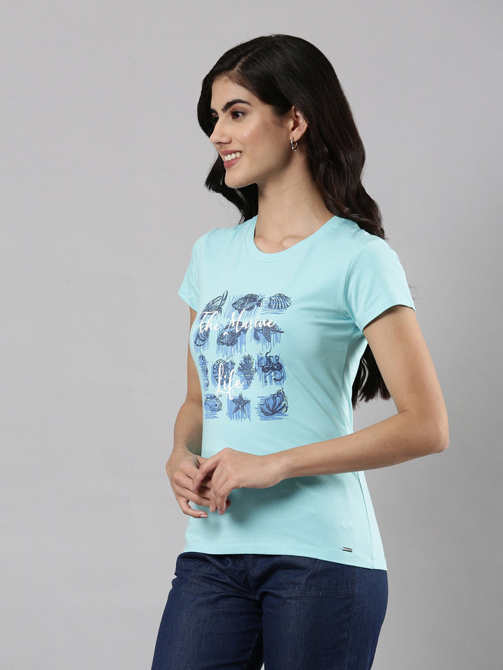 Printed Round Neck T-shirt, Cotton Fabric for Women|Half Sleeves Sky