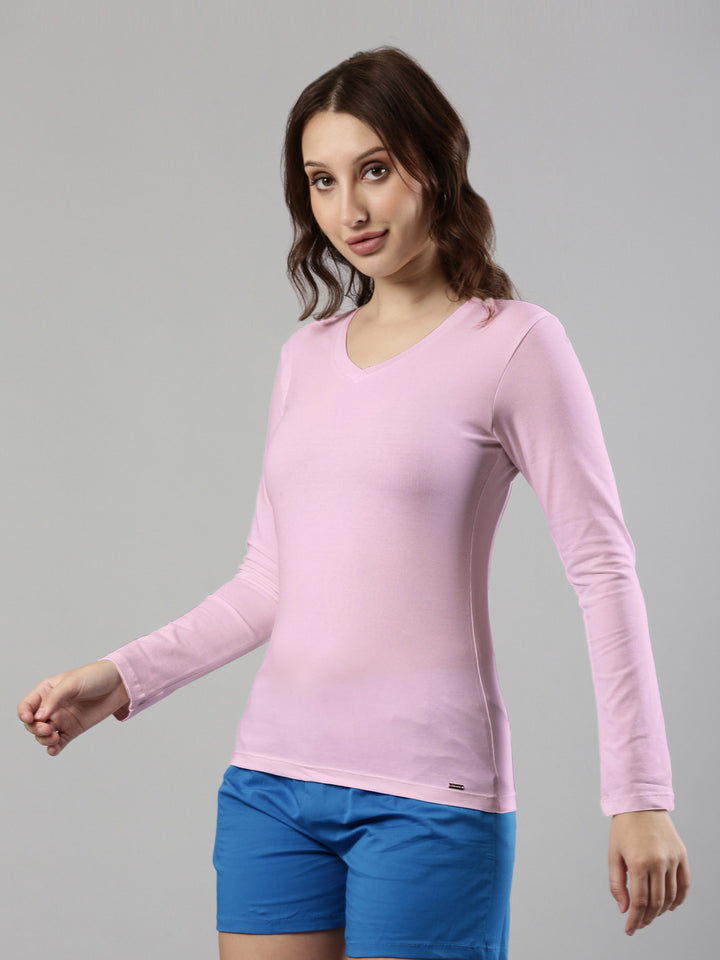 V Neck Full Sleeve T-shirt, Cotton Fabric for Women