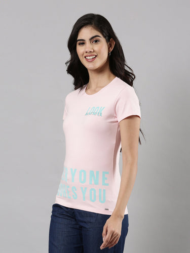 Printed Round Neck T-shirt, Cotton Fabric for Women|Half Sleeves Light Pink Hover