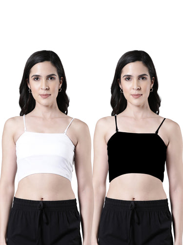 Women's Cotton Crop Top with Adjustable Straps and Detachable Pads Black and White Pack of 2