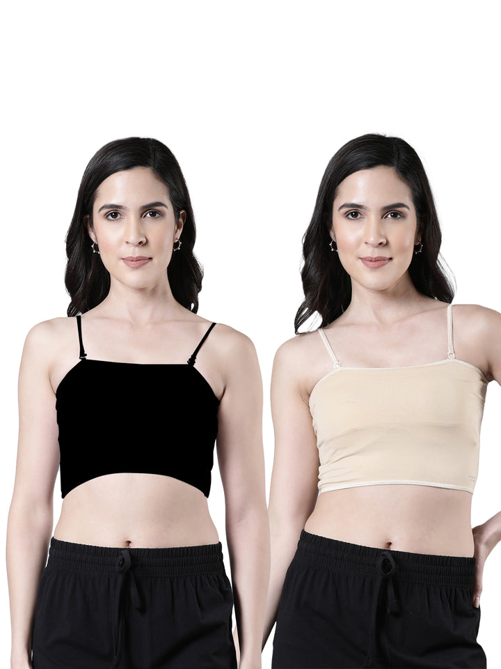 Women's Cotton Crop Top with Adjustable Straps and Detachable Pads Black and Beige Pack of 2