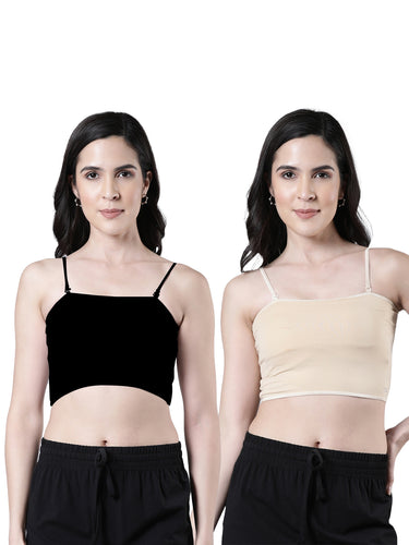 Women's Cotton Crop Top with Adjustable Straps and Detachable Pads Black and Beige Pack of 2
