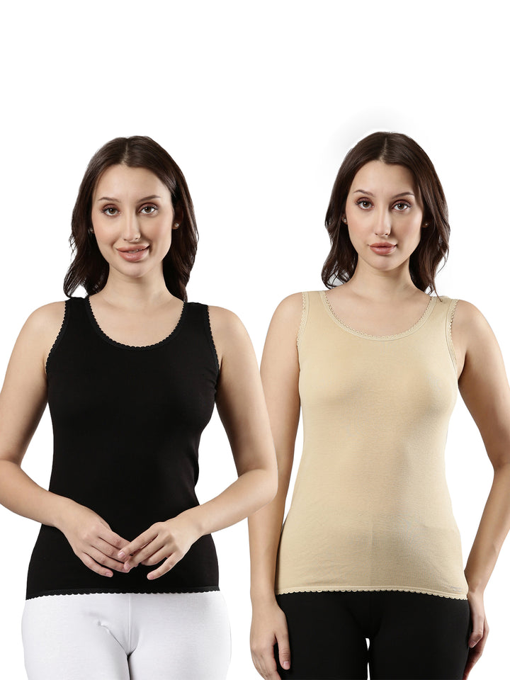 Women's Cotton Camisole with Lace Detail and Broad Straps Black and Beige Pack of 2