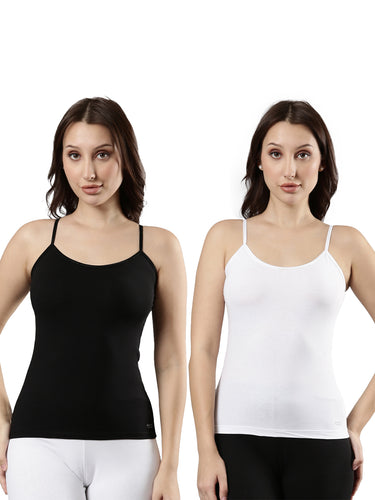 Women's Cotton Camisole with Adjustable Straps, Waist-Length Black and White Pack of 2