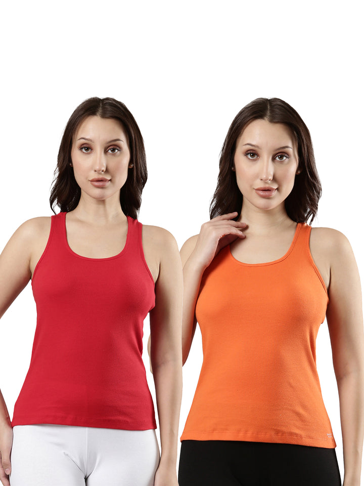 Racerback Cotton Camisole for Women | Soft & Stretchy, Waist-Length Red and Orange Pack of 2