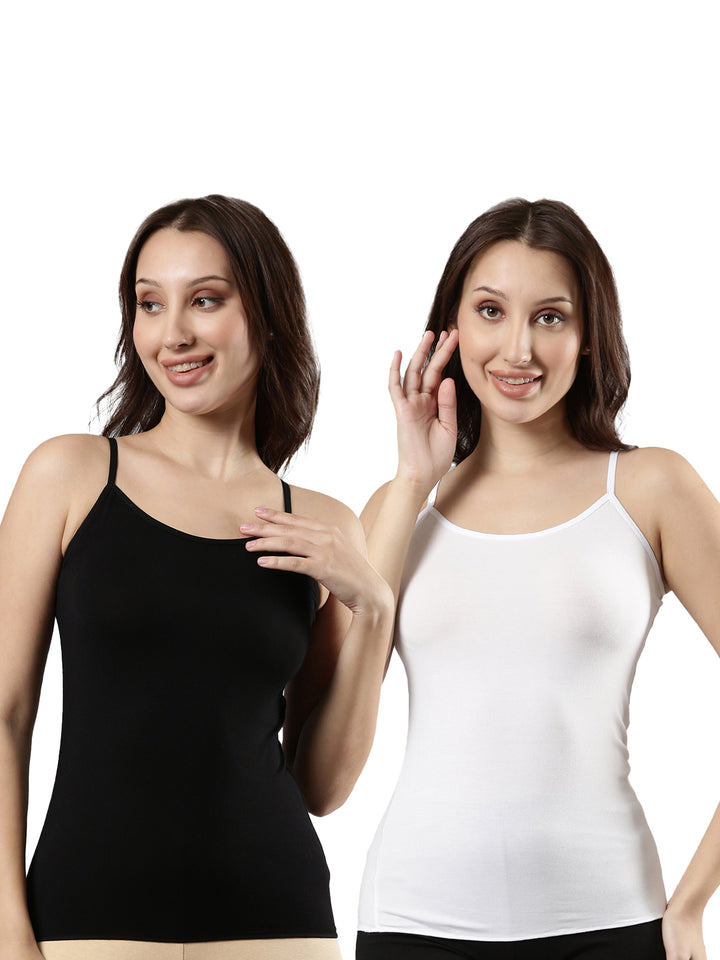 Women's Modal Camisole | Adjustable Straps, Soft and Body-Hugging Black and White Pack of 2